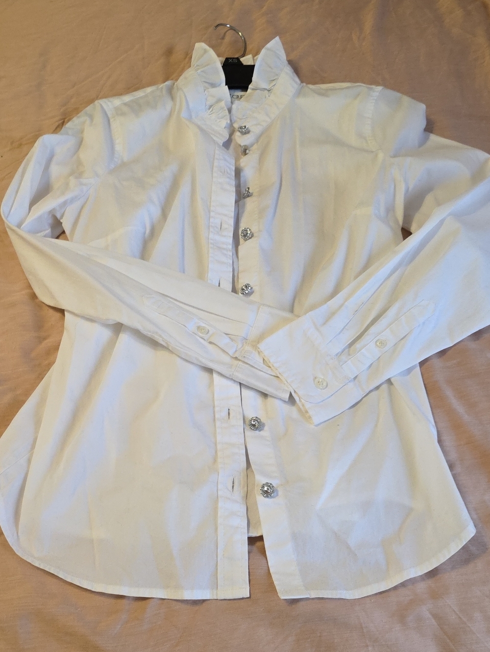 J. Crew White Ruffle Collar Button-Up Shirt